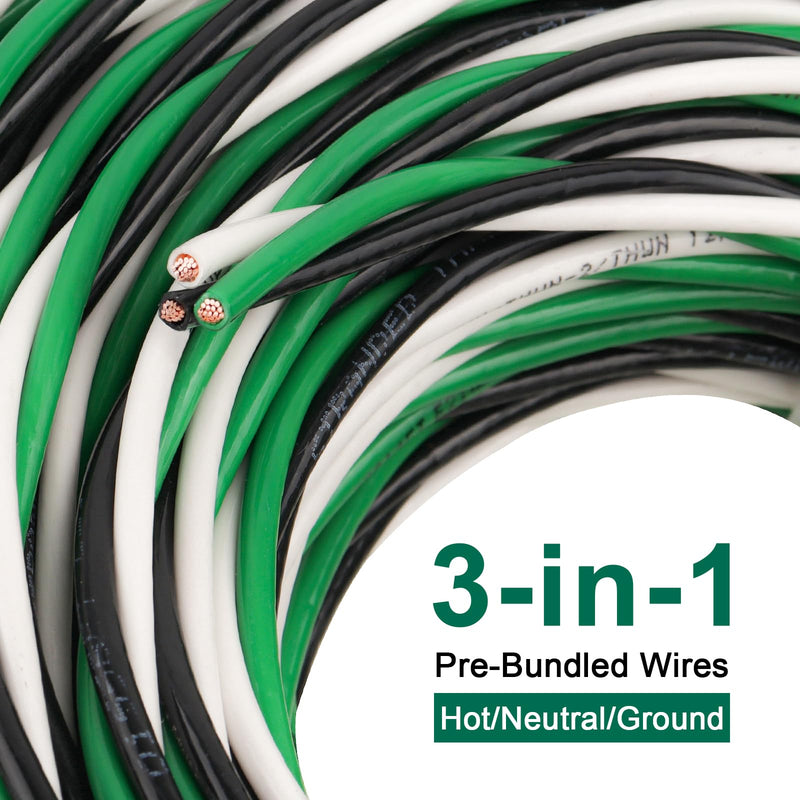 MOOKEERF THHN Wire 12 Gauge 3 Conductor (Black/White/Green) 15FT - OFC Stranded Copper 12 AWG Pre-Twisted Electrical Building Wire 600V with Nylon Jacket for Residential, Industrial, Ground, CNC 12AWG 15FT