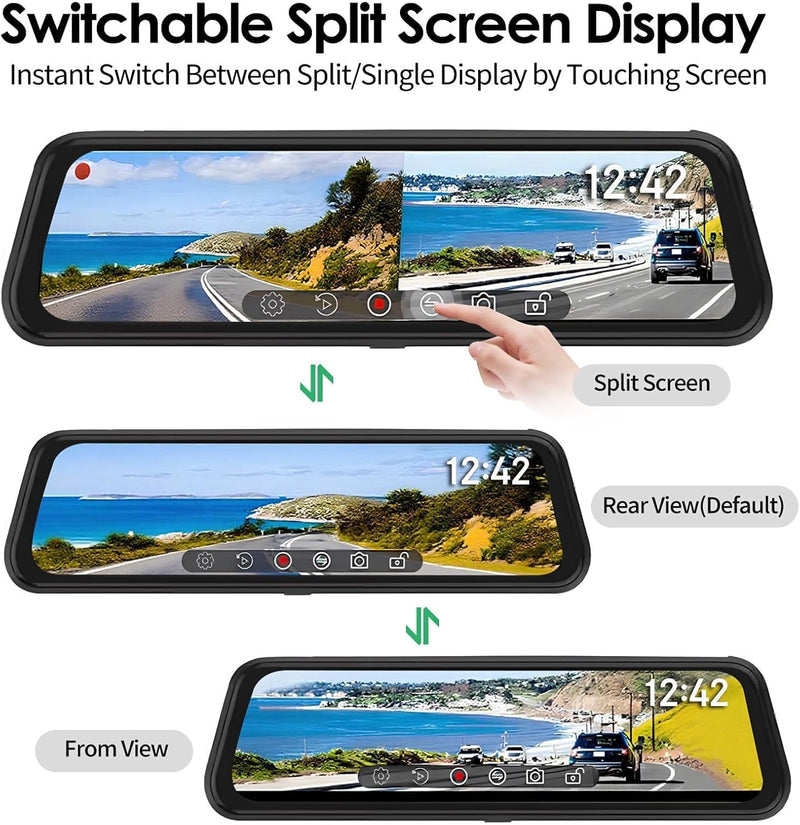 Rear View Mirror Dash Camera for Car Security Front and Rear Dash Cam, Dashcam 10’’ Touch Screen Dual Cameras Car Video Recorder Night Vision G-Sensor Parking Assistance 24H Parking Monitor
