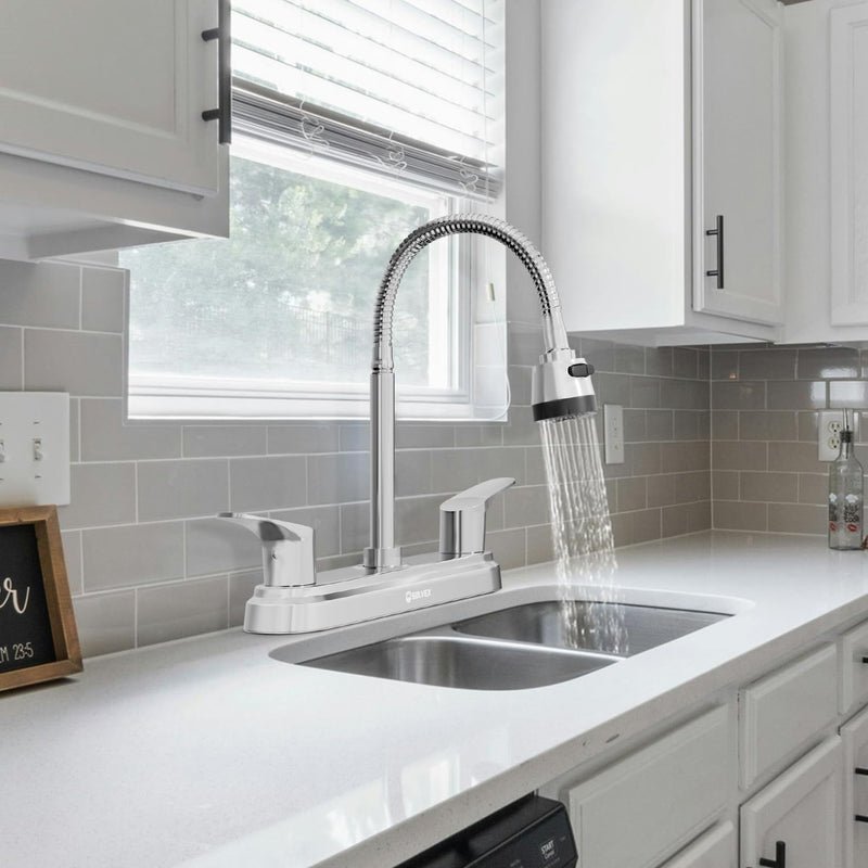 SOLVEX 2 Handle Kitchen Faucet，8 Inch High Arch 360 Swivel Stainless Steel Kitchen Sink Faucet，Modern Chrome 3 Hole Kitchen Faucets with Flexible Spout,SP-80013