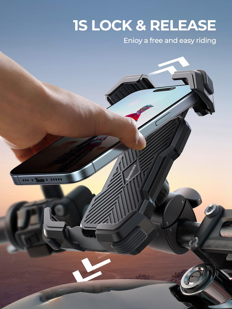 Motorcycle Phone Mount Holder, [Ultra-Stable][7 inch Phone Friendly] Bike Holder Handlebar Cell Clamp Harley Accessories for iPhone 16 15 14, 4-7" Smartphones Graphite