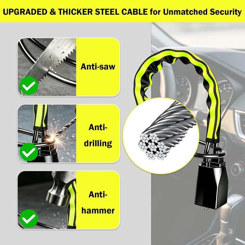 Steering Wheel Lock with Seat Belt Lock – Double Anti-Theft, High Visibility Reflective Strip, 3 Keys, Universal Fit for Cars, SUVs, Vans, Yellow and Black