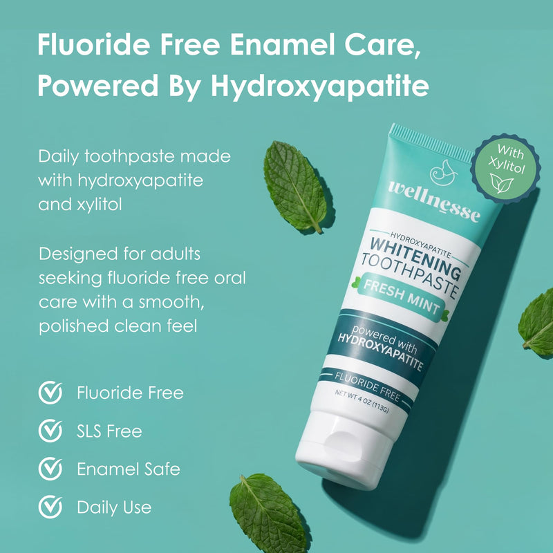 Wellnesse Hydroxyapatite Toothpaste, Fluoride Free, Whitening Toothpaste, Remineralizing Enamel Care, Xylitol Formula for Sensitive Teeth and Daily Oral Care, Fresh Mint, 4 Oz, Pack 3 4 Ounce (Pack of 3)
