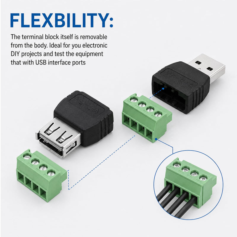 4-Pack Solderless USB 2.0 Type A Male/Female to 4 Pin Screw Terminal Block | DIY Electronics Projects, Repair & Power