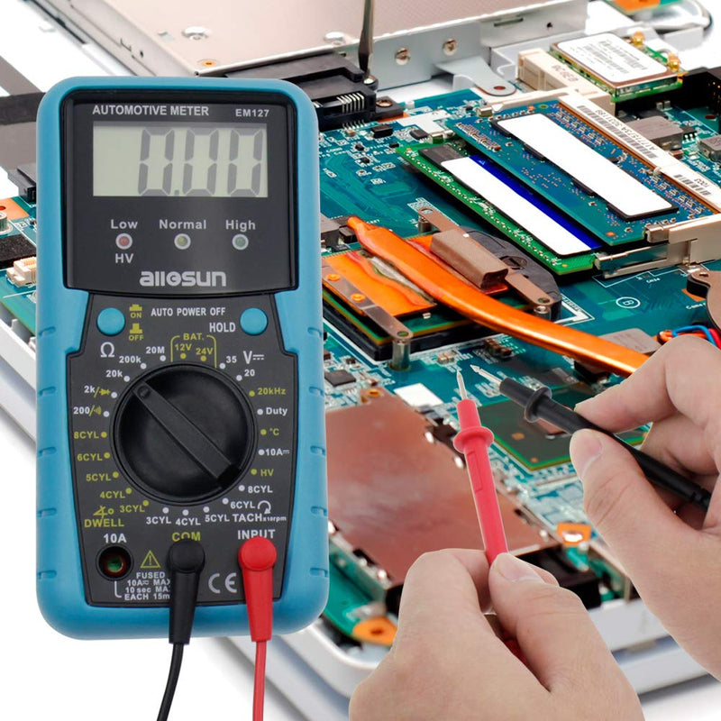 allsun Automotive Multimeter DMM DC Volt Ohm Temp Frequency Diode & Continuity Tester Automotive Diagnosis Tester Test RPM Dwell Angle