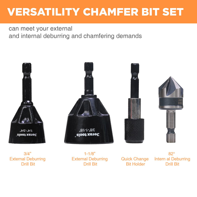 Tungsten Carbide Inner and Outer Deburring External Chamfer Tool Set for Removing Burr, Quick Release Hex Shank Deburring Tool for Metal Rod, Tube, Copper/PVC Pipe 1 Kit (4 PCS)