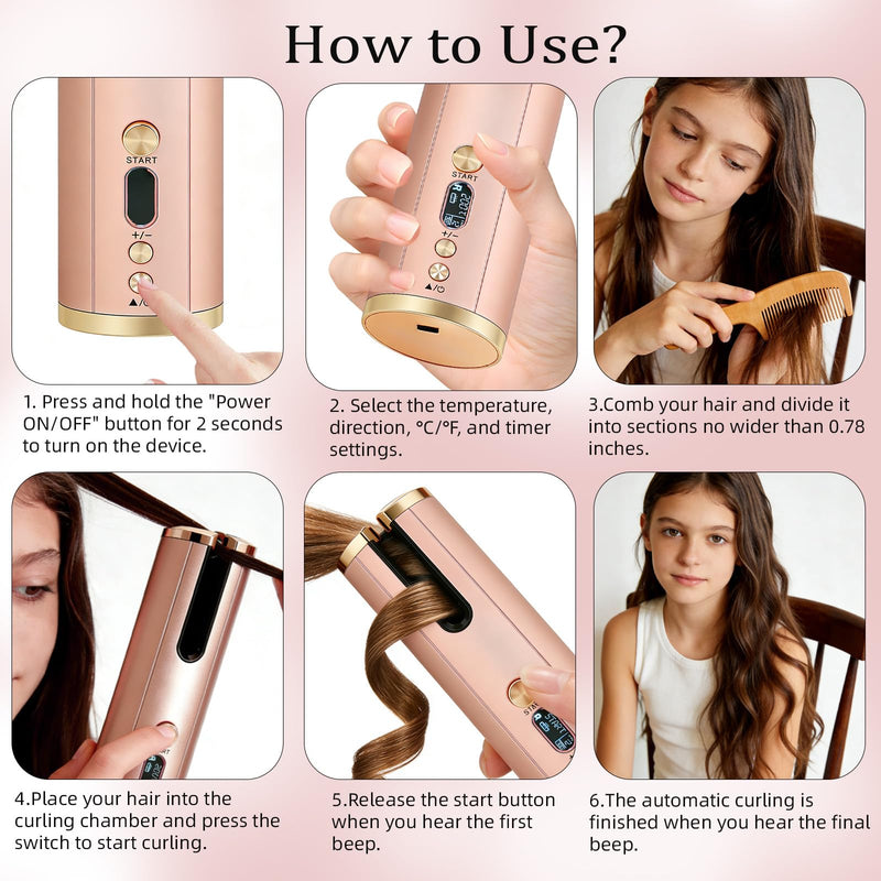Hair Curler Cordless Automatic Rotating Rechargeable Anti-Scald Rose Gold | Cordless Ceramic Curling Iron|6 Temperature Settings|Compact Rechargeable Automatic Curling Iron for Travel & Outdoor Use