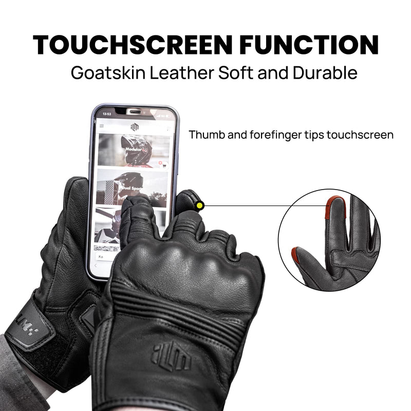 ILM Goatskin Leather Motorcycle Motorbike Powersports Racing Gloves Touchscreen for Men and Women Model DN01(L, Black Unperforated) Large