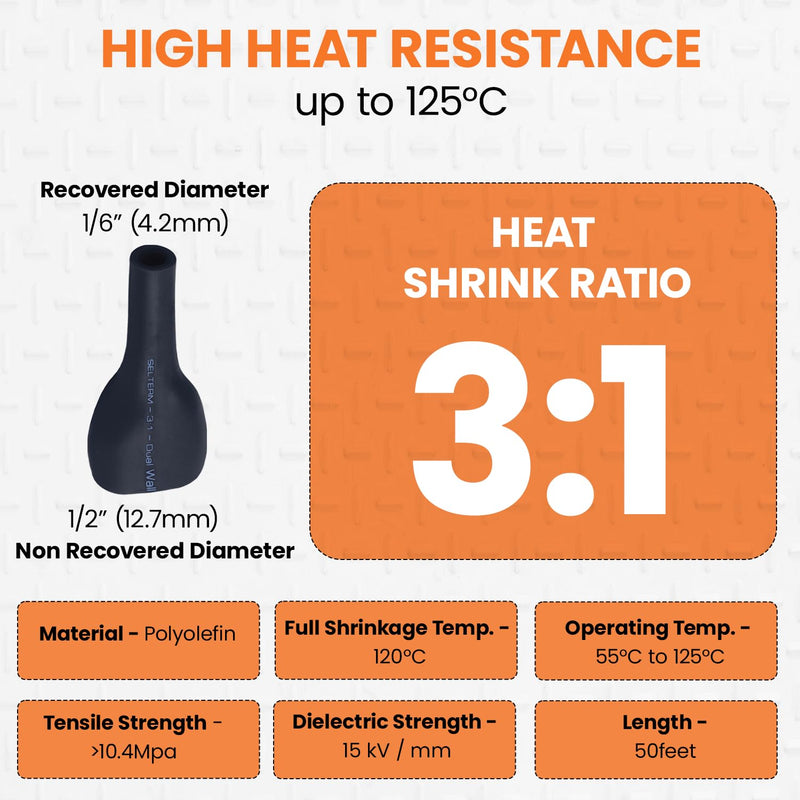 SELTERM 1/2" Black [50 Feet] Marine Grade Heat Shrink Tubing Roll, 3:1 Ratio Dual Wall Adhesive Lined Waterproof Heat Shrink Wrap Tube, for Battery Cable Lugs Wire Terminals Connectors 1/2" - 12.7MM