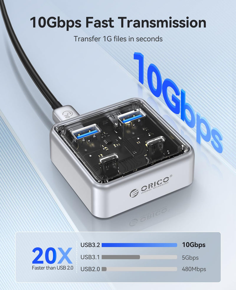 ORICO 10Gbps USB-C Hub, 4-Port Zinc Alloy USB 3.2 Splitter with 2 USB-A & 2 USB-C Ports, High-Speed Data Extender for Laptops, PCs, Desktops, and More (1.64Ft) 1.64Ft