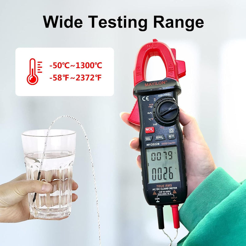 Amp Clamp for Automotive Repair/Commercial/Residential Electricians, Measures AC/DC Current 600A, AC/DC Voltage to 600V, Frequency, Resistance, Temperature, NCV, Continuity, Large LCD Display