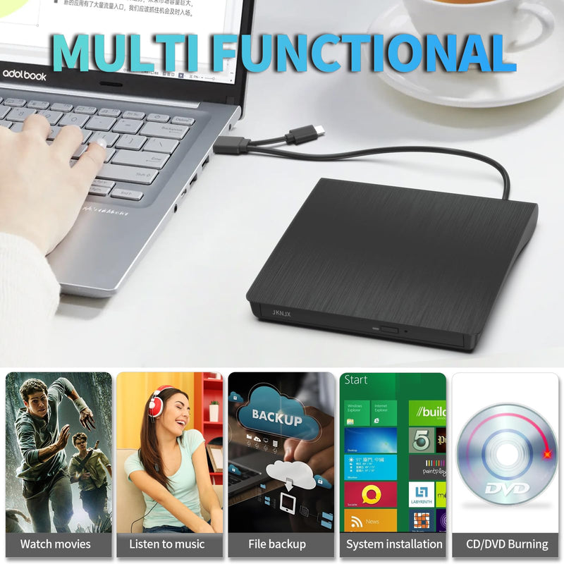 2 in 1 External CD DVD Drive, USB 3.0 and Type-C Disc Reader Burner Player | Optical Drive for PC Laptop Desktop MacBook Mac Windows Linux OS Apple Dark Black