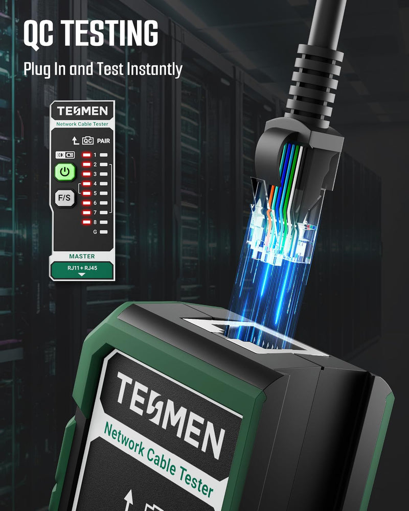 TESMEN TLP-528A Network Cable Tester for RJ11 RJ45, Ethernet Wire Tester for LAN & TEL Continuity and QC Test, for CAT5/CAT6/CAT7, Suitable for Cable Maintenance and Sorting - Green