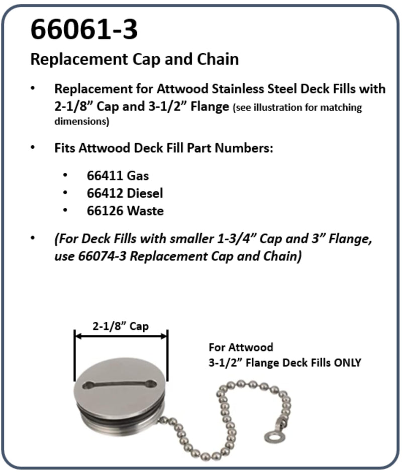 Attwood Replacement Stainless Steel 2" Deck Fill Cap with Chain - Boat Replacement Stainless Steel 2" Deck Fill Cap 66061-3 with Chain - Boat, Silver