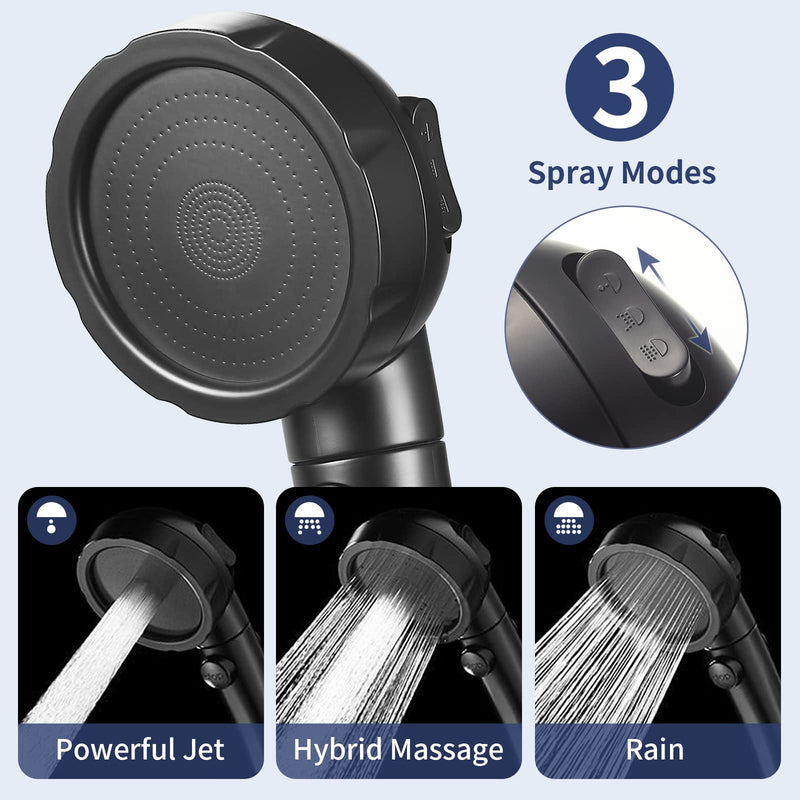 HANLIAN High Pressure Shower Head with Pause Button, 3 Spray Modes Shower Head for RV Camper, Water Saving On Off Shower, Handheld Shower Head with Hose and Adjustable Self-adhesive Holder (Black) Black