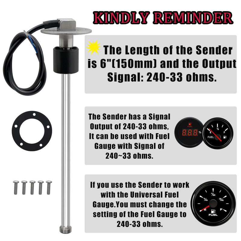 Geloo 240-33ohms 6" Marine Sending Units Boat Fuel Sending Unit Fuel Gas Tank Sender Fuel Sending Unit Fuel Level Gauge Sensor Water Gauge Sensor Gas Tank Sender (150mm) for Water Fuel Level Gauge 150MM-6inch 240-33ohm
