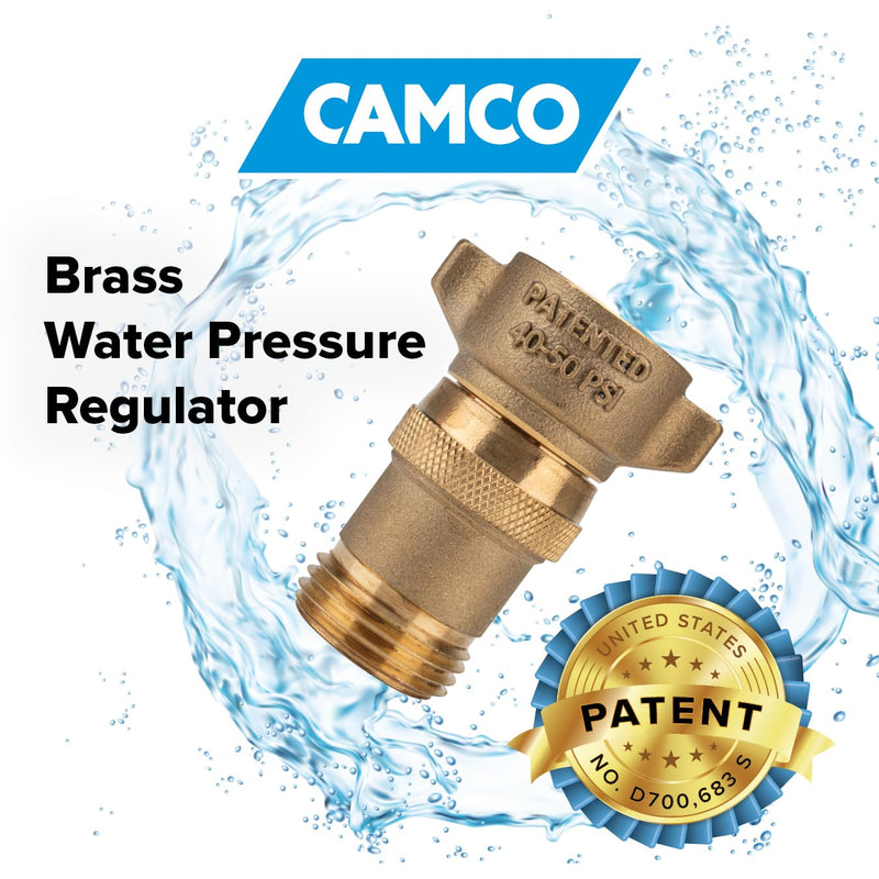Camco Brass Marine/RV Water Pressure Regulator – Protects RV Kitchen Small Appliances, Plumbing & Hoses – Reduces RV Water Pressure to Safe & Consistent 40-50 PSI – Drinking Water Safe (40055) No Size