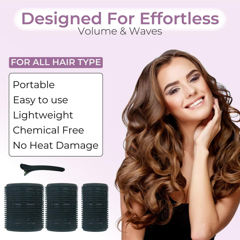  [AUSTRALIA] - MIRZIAN33 Pcs Jumbo Hair Rollers Set - 18 Heatless Self Grip Curlers, 15 Duckbill Clips, (6x 66mm,6x 50mm,6x 44mm) Black Curlers Long Hair,No Heat (Jumbo set), 33.0 count, Pack of 1