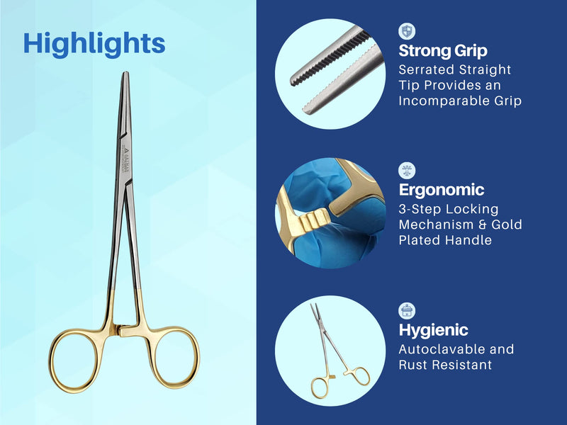 ARTMAN INSTRUMENTS Artery Forceps 6" Straight Hemostat Mosquitoes, Gold Plated Handle, Locking Tweezer Clamps, for Nurses, Fishing Forceps, Fly Tying, Crafts Kelly Forceps Clamps