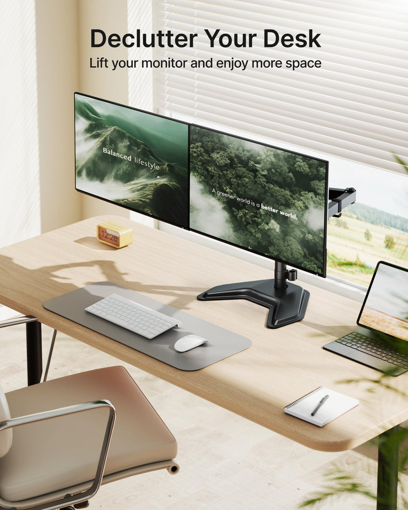 monTEK Stable Freestanding Dual Monitor Stand for 17–32” Computer Screens, Heavy-Duty Desk Mount with 22 lbs per Arm, Fully Adjustable Brackets and Arms, Solid V-Shaped Base, VESA 100×100mm Max