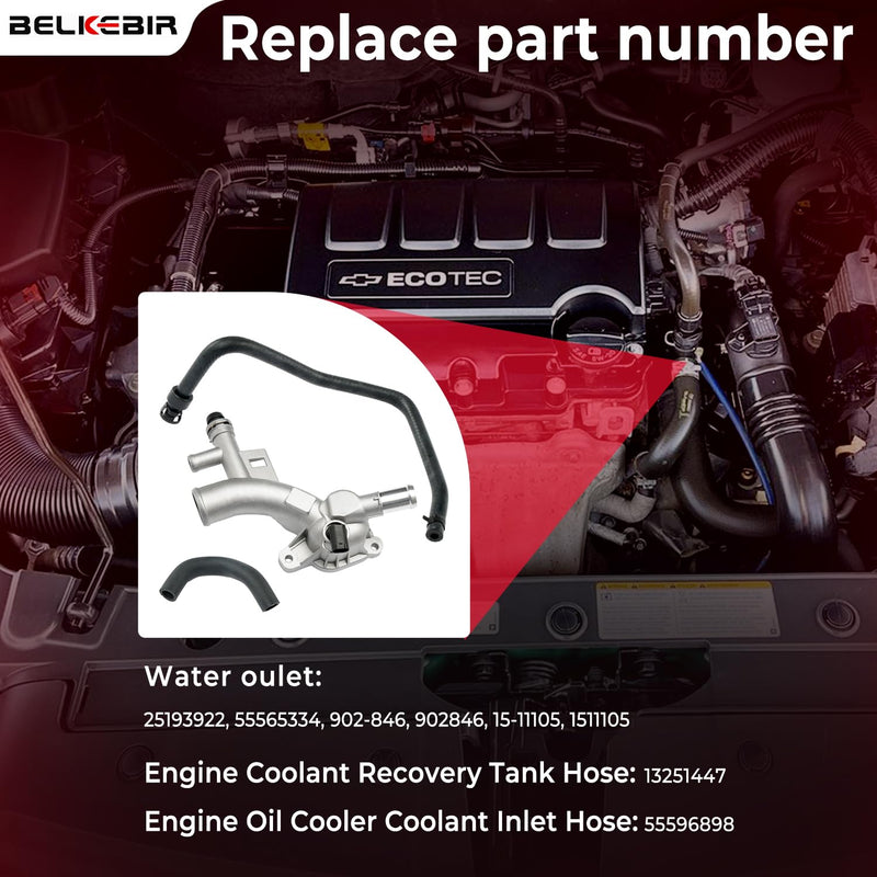 Aluminum Engine Coolant Housing Water Outlet Kit with Hoses Compatible with 2011-2016 Chevy Cruze, 2012-2020 Sonic, 2015-2020 Trax, 2013-2019 Buick Encore 1.4L Replaces 25193922 902-846 13251447 Water Outlet & 2 Hoses