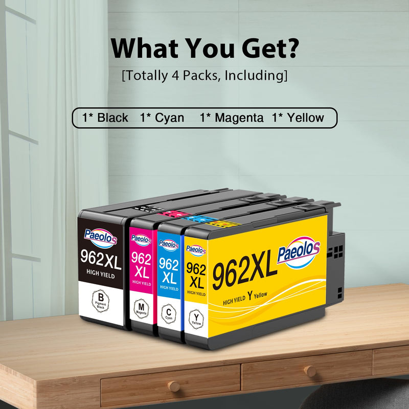 Paeolos 962XL Replacement for HP 962XL Ink Cartridges Combo Pack High Yield | 4 Pack Latest Chip for HP962XL Work for HP Officejet Pro 9010 9015 9020 9018 9025 Printers Black Cyan Magenta Yellow
