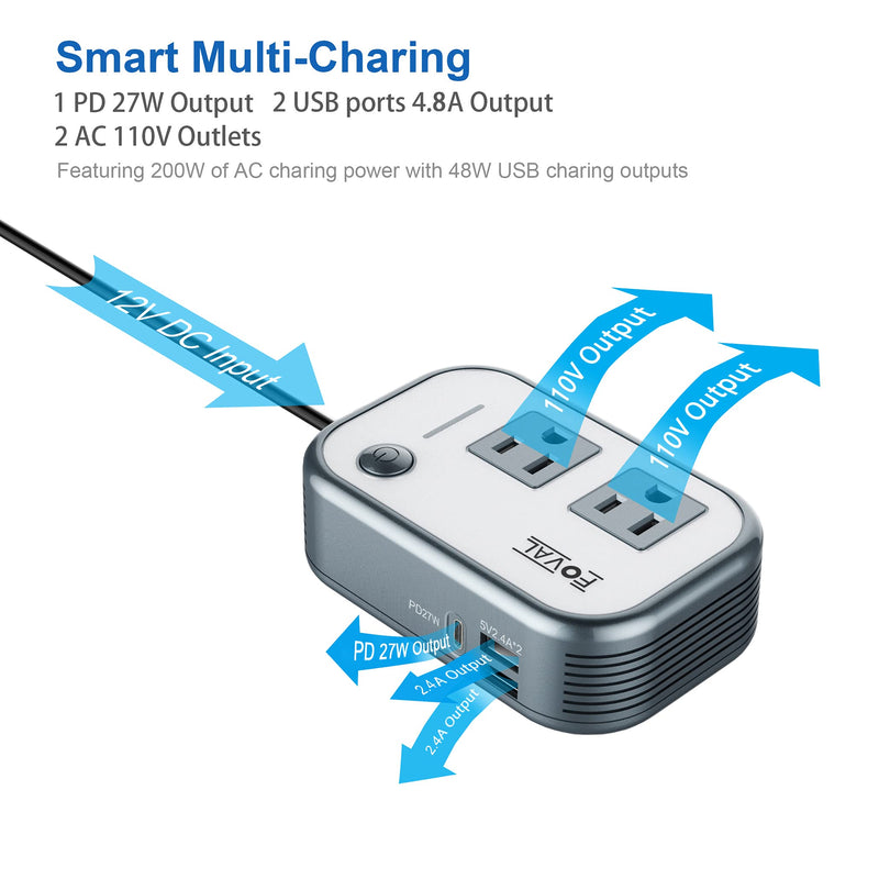 FOVAL 200W Car Power Inverter, DC 12V to 110V AC Car Laptop Charger Fast Charger Converter with [27W PD USB-C] & Dual USB Ports Multi-Protection Car Outlet Adapter Power Inverter for Vehicles