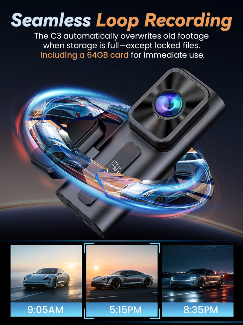Dash Cam Front and Rear 4K+1080P, Dual Dashcam with 64GB Card | 5GHz WiFi, App Control, 1.47" IPS Screen, 24H Parking Mode, Night Vision, 170° Wide Angle, G-Sensor, WDR, Car Camera