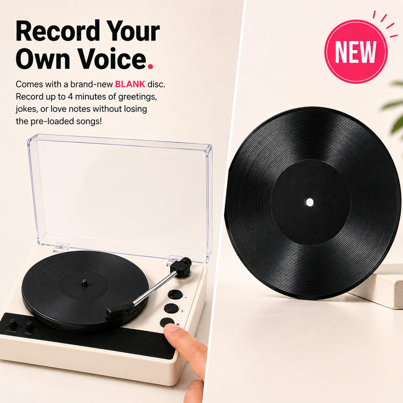Mini Record Player with Voice Recording, 4 Discs, Auto-Spinning Desk Decor | Includes 3 music discs and 1 blank disc. All 4 discs record. Recording over music erases it permanently. Black