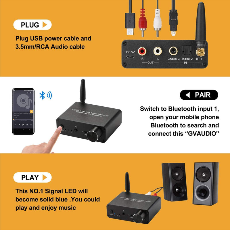 192kHz Digital to Analog Converter Bluetooth 5.0 Receiver DAC with 16-300Ω Headphone Amplifier Optical/Coaxial to RCA 3.5mm Audio Output with Volume Control for TV Phone Tablet (Normal, Basic) normal