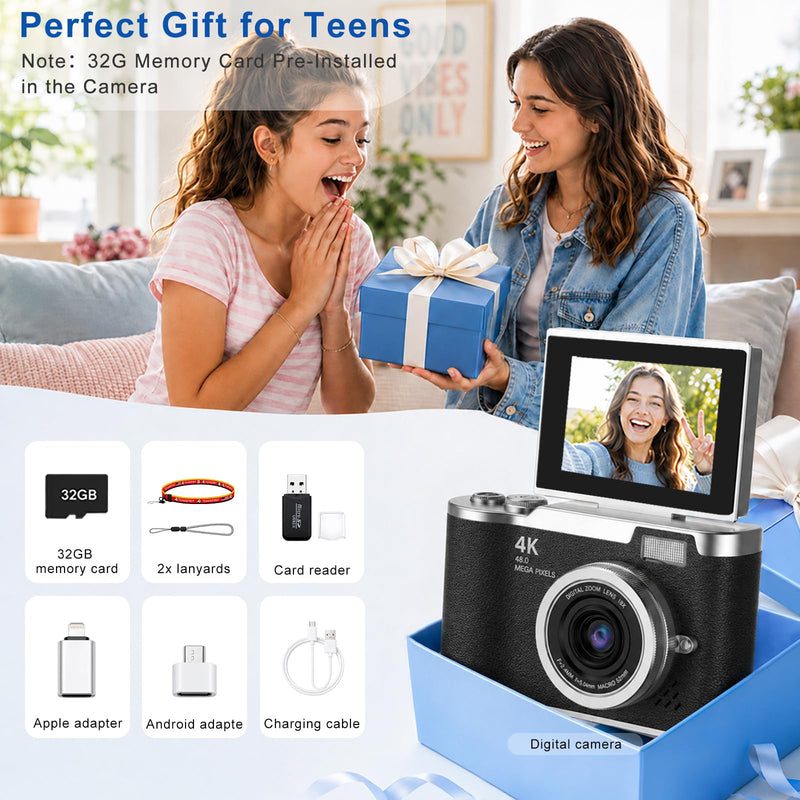 Digital Camera with Flip Screen, Camera for Photography with 32GB SD Card | 180°Rotating Selfie Camera with Neck Lanyard, Camping Point and Shoot Camera Fill Light for Teens Kids Travel（Black) Black Compact