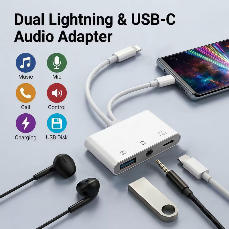 USB-C & Lightning to 3.5mm Audio Jack Adapter, Lightning to USB C Adapter with USB-A OTG Port and 3-in-1 USB-C Port for Charging, Data Transfer & Aux Audio, Compatible with iPhone17 iPad Galaxy S26