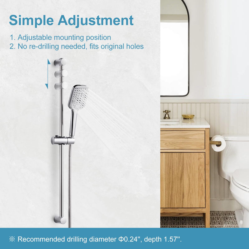OFFO Shower Slide Bar Combo, Adjustable 31 in Slide Bar with 3-Mode Square Handheld Shower Head and 60 in Stainless Steel Hose, Screw Wall Mounted, Chrome Finish Square 31" Slide Bar & 60" Hose