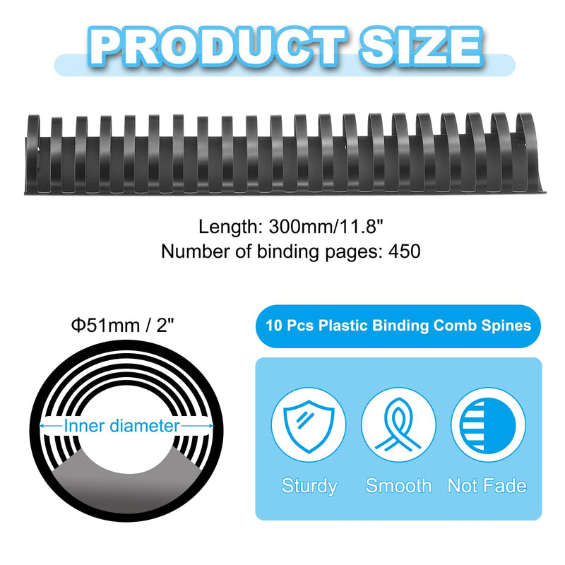 PATIKIL 51mm (2") Plastic Binding Combs, 10 Pcs 21 Rings Comb Binding Spines 450 Sheet Capacity Letter Size for Binding Paper Sheets Notebook Calendar Picture Album, Black 2"