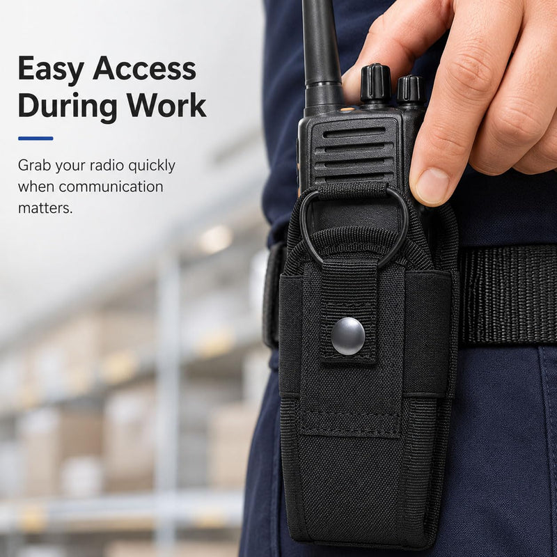 Walkie Talkie Radio Pouch, Black Two Way Radio Holder Case with Snap Button Strap and Elastic Cord, Compact Carry Pouch for Security Patrol, Warehouse, Outdoor Hiking, Event Staff