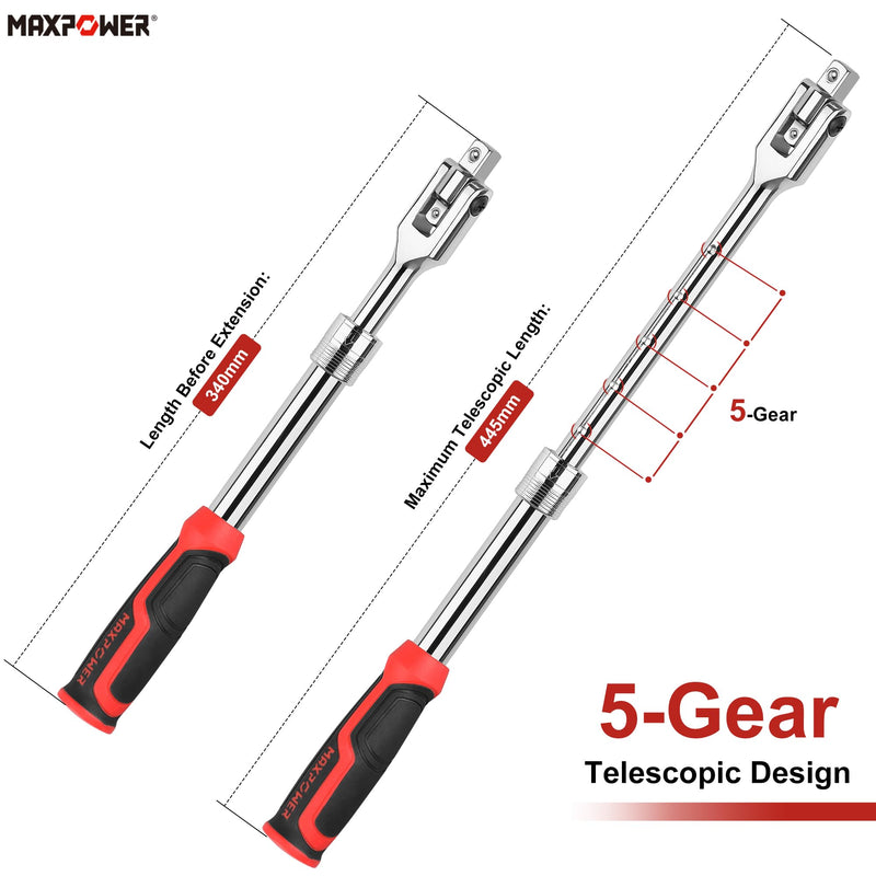 MAXPOWER Extendable Breaker Bar, Dual Head 1/2" & 3/8" Drive 360° Flex Head Cheater Bar, 5-Gear Extending Locking, Extendable Handle 13-3/8" to 18" Dual drive