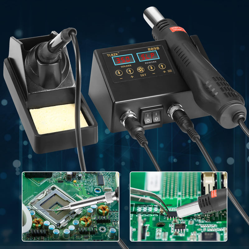 Rework Soldering Station, 2 in 1 SMD Hot Air Solder Station and Soldering Iron Kit Heat Gun with Soldering Tips, Hot Air Nozzles, Tweezers