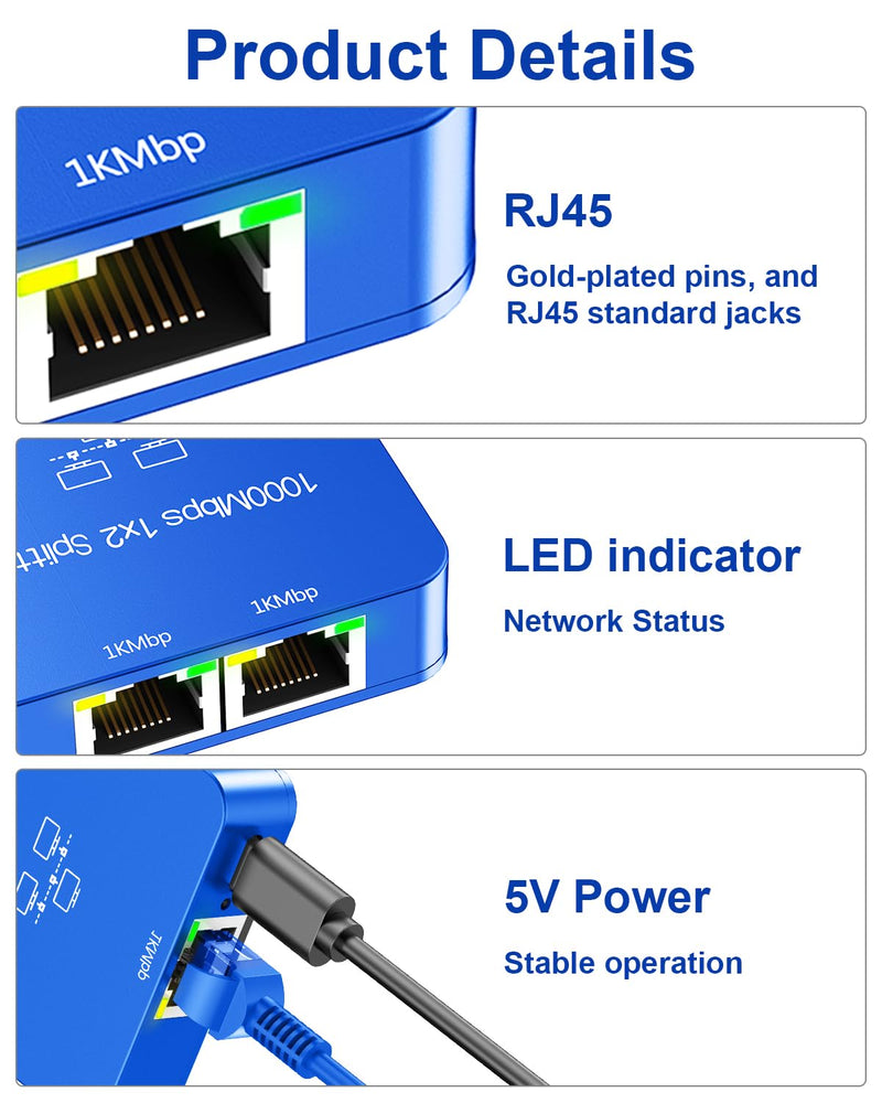 Ethernet Splitter 1 to 2 with Ethernet Cable, Gigabit RJ45 Internet Splitter Adapter 1000Mbps High Speed for Cat 5/5e/6/7/8 Cable, Blue