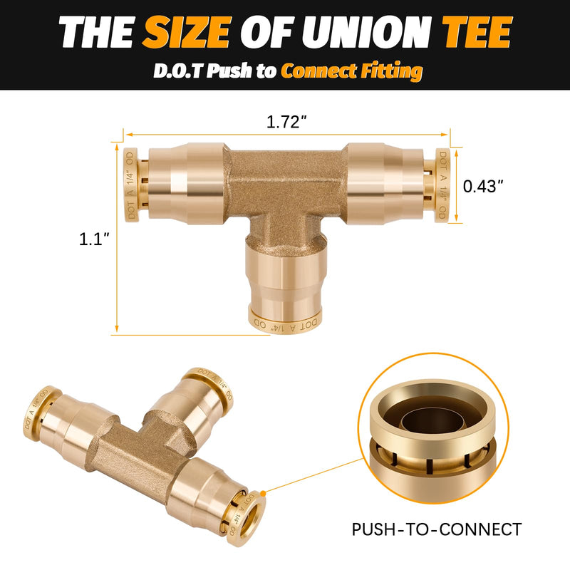 1/4" Tee Union Push to Connect Fittings， 4PCS DOT Approved Air Fittings Brass Air Brake Line Fittings，Quick Push in Union Fittings for Trucks Trailers Industrial Workshops 1/4 Inch DOT Union Tee