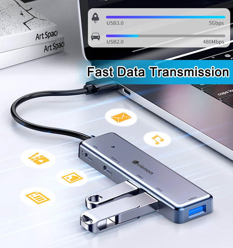 USB 3.0 Hub 5 in 1, USB Splitter with USB-C Power Port, USB-C Data Port, USB Port Hub USB Extender for MacBook, Laptop, Surface Pro, PS4, PC, Flash Drive, Mobile HDD USB 3.0 Hub Silver