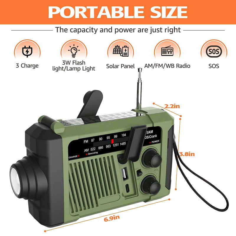 Weather Radios Alerts Portable AM FM, Emergency Outdoor Radio Solar/Hand Crank/USB Charging,Battery Operated,SOS Alarm/Flashlight/LED Radio