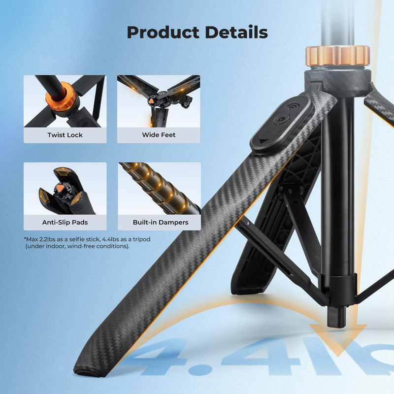 K&F CONCEPT Auto Open 62'' Selfie Stick Tripod with Remote for Vlog | 360° Ball Head Camera Tripod with 2-in-1 Phone Holder, Compatible with DJI Osmo Pocket 3 4 Insta360 Luna Ultra. MS34