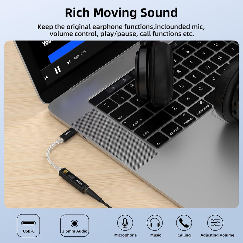 USB C to 3.5mm Audio Adapter with CX31993+MAX97220 DAC Amplifier | DAC Dongle Headphone Amp 8-Strand 4N Silver Plated Cable for iPhone /Android/Samsung/Mac/IEMs Earphones,HiFi 32Bit/384kHz Black