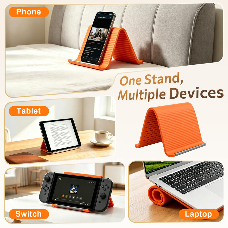 Flexible Silicone Phone Stand with Aluminum Core, Foldable Silicone Phone Holder for Cell Phones, Tablets & Small Devices, Adjustable Desktop & Airplane Phone Holder for Travel, Office & Home (Orange) Orange