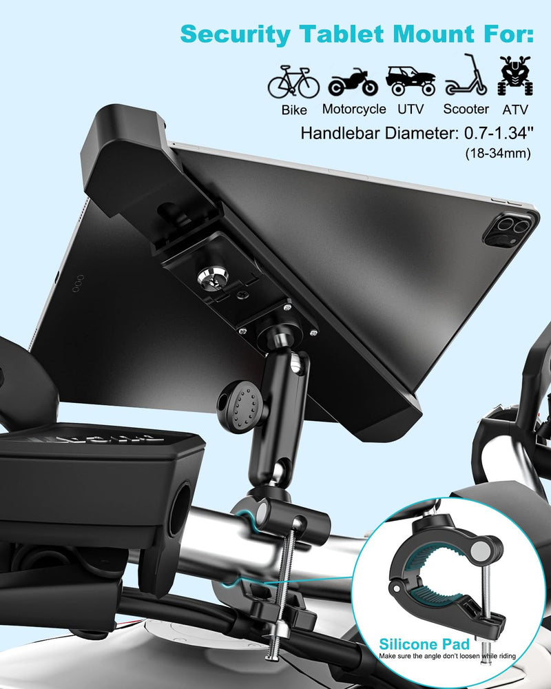 Anti-Theft Motorcycle Tablet Mount, Heavy Duty Bike Tablet Holder with Lock & Key, 360° Double Joints Adjustable Arm - Handlebar Clip for iPad Pro 11 Air Mini, Navigation, More 7-11" Devices