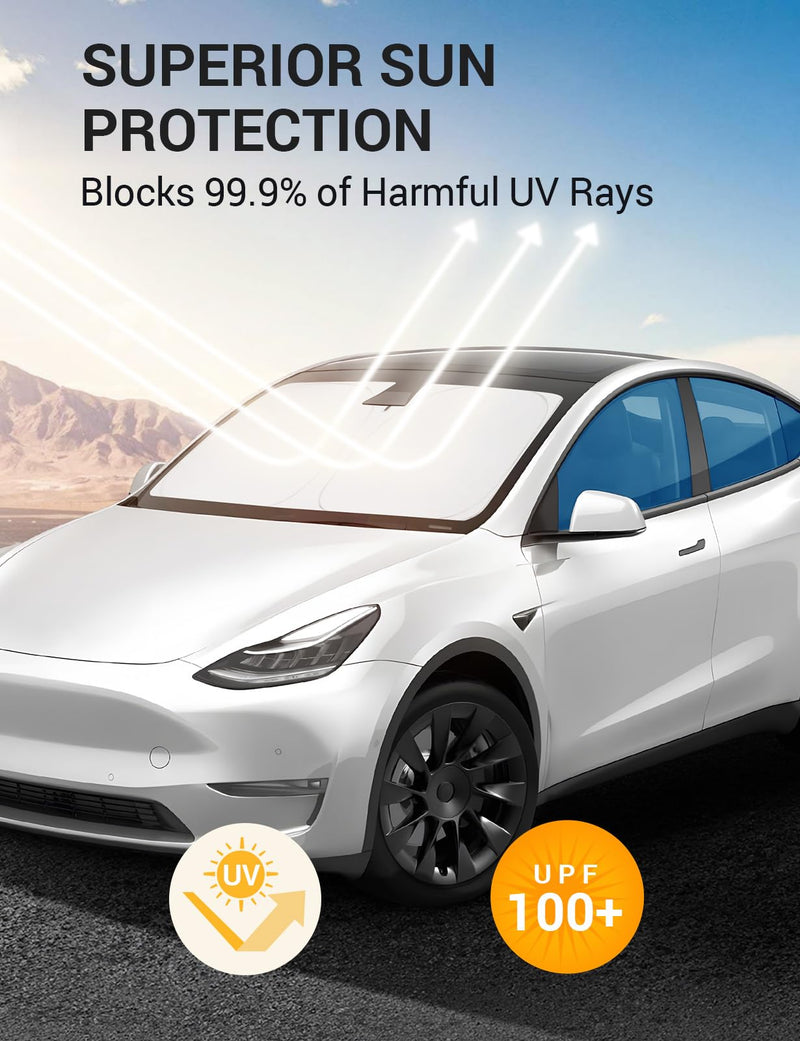 BASENOR 2017-2025 Tesla Model 3 Model Y Windshield Sunshade Folding Front Window Sun Shade Full Cover, Heat UV Protection Visor Accessories (Fit 2024 2025 Model 3 Highland) Model 3/Y