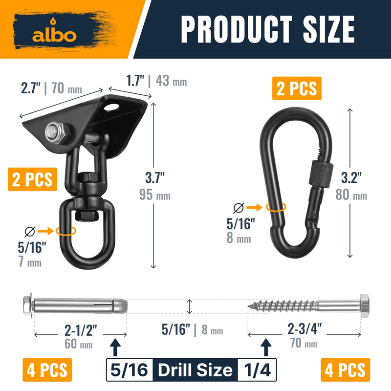 Albo Heavy Duty Swing Hangers 2 Pack, 2650 LBS, 360° Swivel Ceiling Mount Bracket with Carabiners – Hammock Chair, Porch Swing, TRX, Punching Bag, Hardware for Wood & Concrete Black 2 PCS