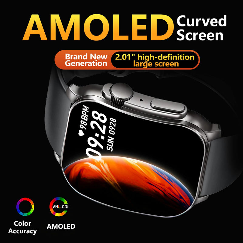 Smart Watch for Men, 2.01" AMOLED Curved HD Screen Smart Watch, Fitness Tracker with 24/7 Heart Rate/Sleep Monitor, IP68 Waterproof Running Watch, Compatible with iOS & Android for Daily Workout Black