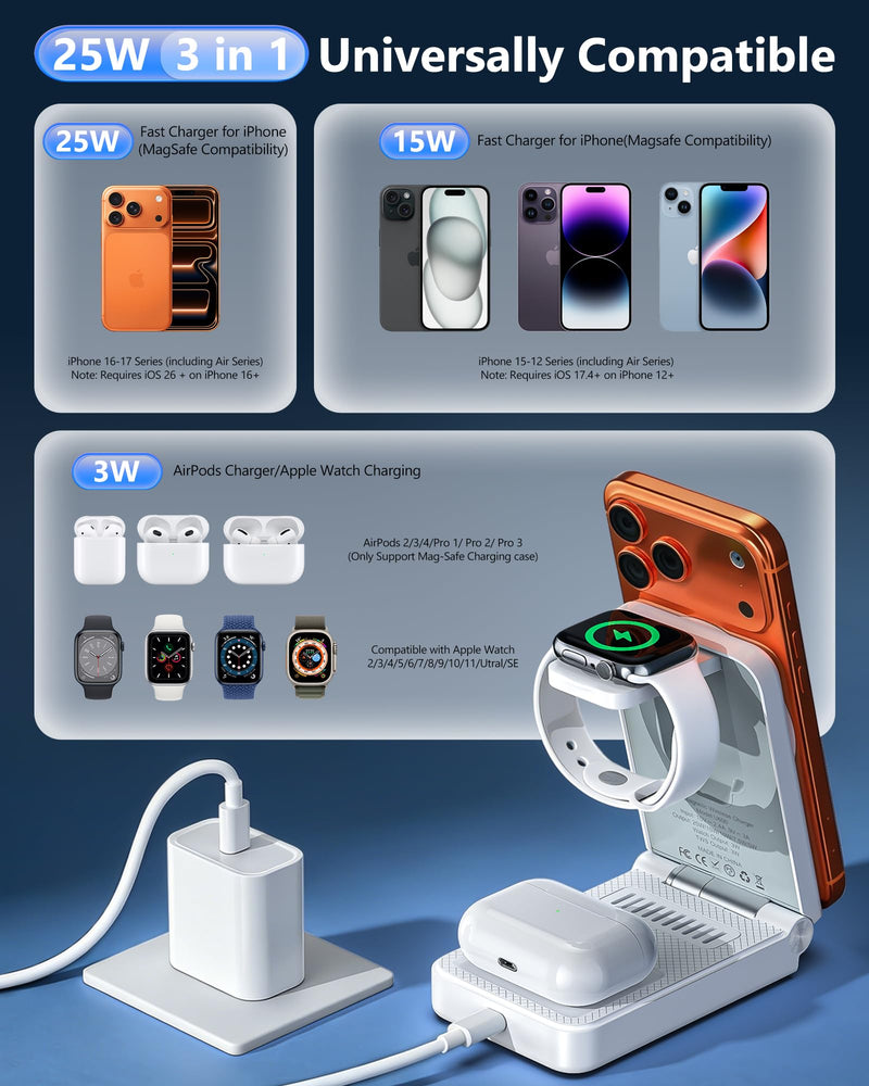 25W 3 in 1 Charging Station,Foldable MagSafe Fast Magnetic Wireless Charger | For Apple Multiple Devices, Travel Charger Stand for iPhone 17 16 15 14 13 12 Series/Watch 11-8/AirPods 4/3/2/Pro