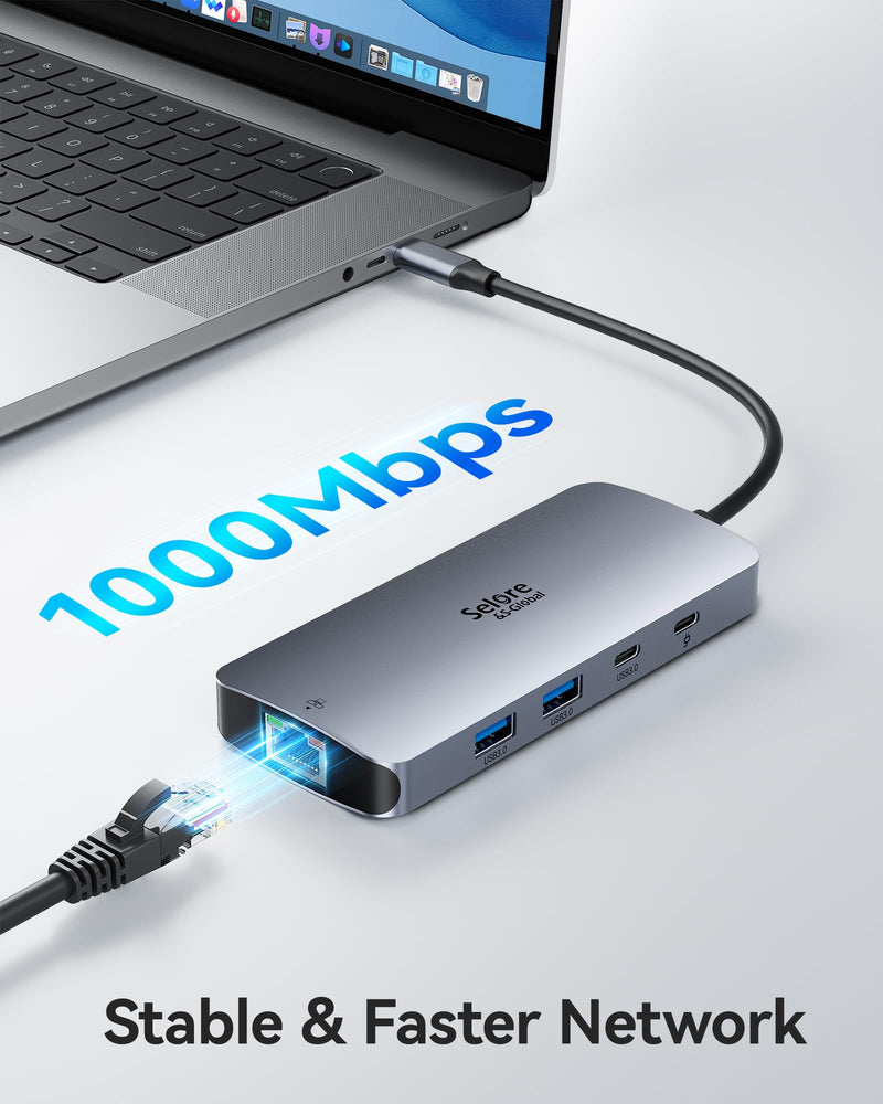 USB C Docking Station Dual Monitor, Selore Docking Station 3 Monitors | Triple 4K Display with 2 HDMI, DisplayPort, 1Gbps Ethernet, 100W PD Charging, USB 3.0 Ports Adapter for Dell, HP, Lenovo,etc Gray