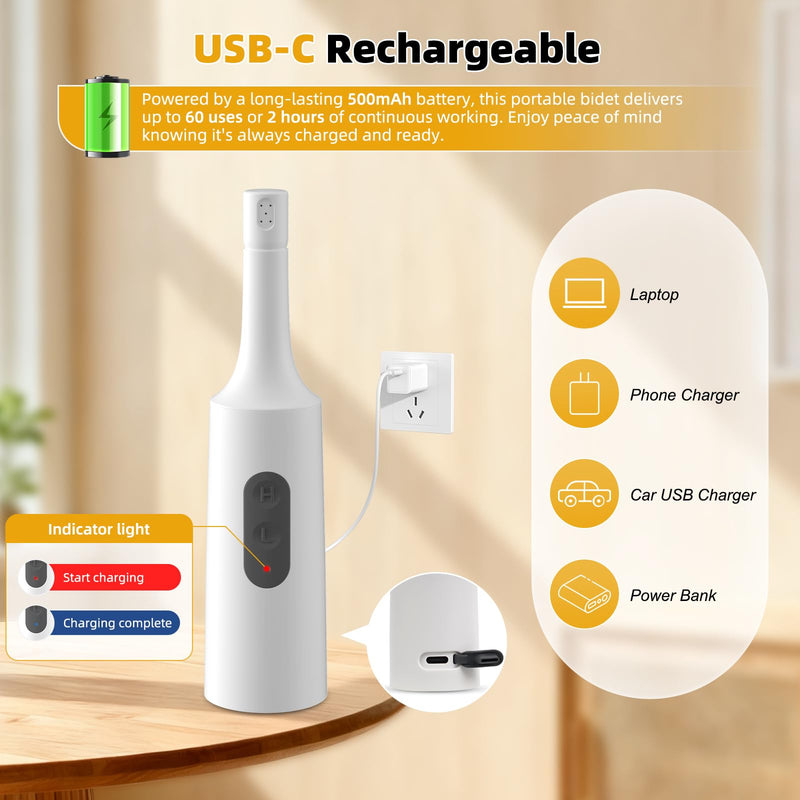 Hibbent 2 Pack Portable Bidet for Travel, High Pressure Electric Handheld Bidet Sprayer, 350-550ML Expandable Bottle for Personal Hygiene, USB-C Rechargeable Waterproof Sprayer for Women & Men, White Pure White